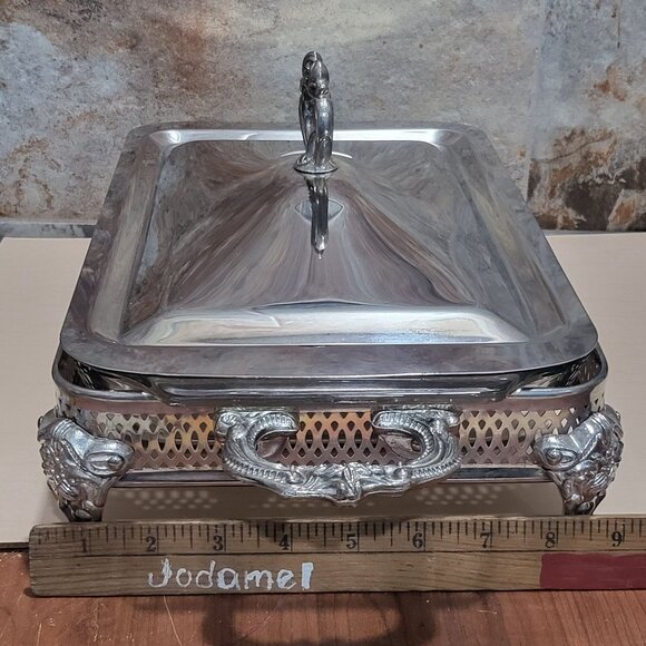Silver Plated Rectangular Chafing Dish Glass Insert Decorative Scrollwork Accent - Picture 8 of 11
